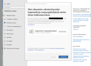 Windowsin päivitysvirhe ja laajennettujen suojauspäivitysten (ESU) rekisteröintinäyttö Microsoft-tilillä.